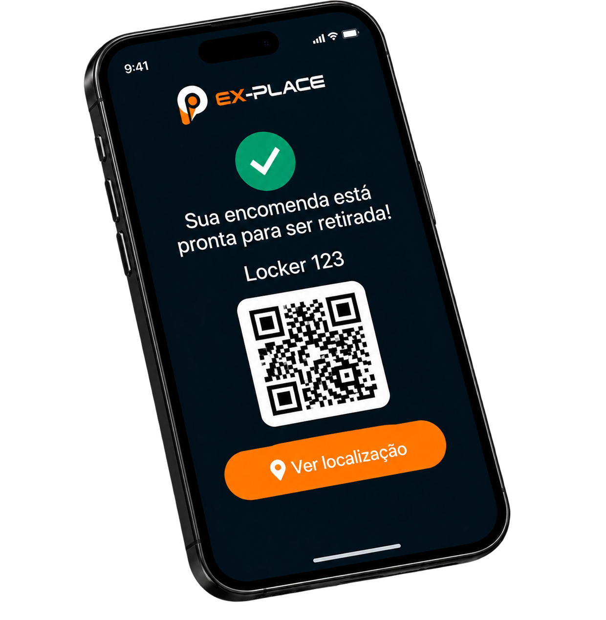 App Ex-Place exibindo notificação de encomenda pronta para retirada com QR Code